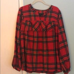 J Crew festive plaid flannel ruffle shirt NWOT